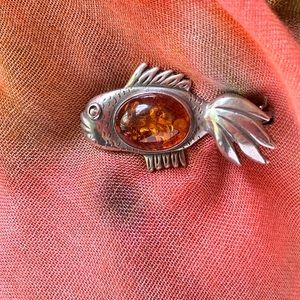 Sterling Amber Fish Pin Brooch